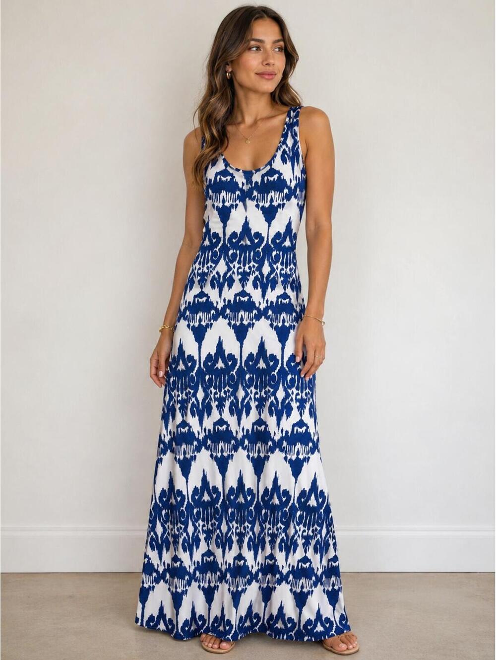 Blue White Boho Maxi Dress Open Cross Back Beach Resort Vacation